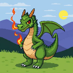 A pixel art style depiction of a green, furry dragon with human-like characteristics emitting flames