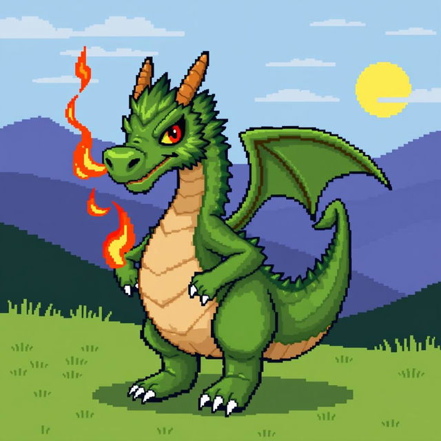 A pixel art style depiction of a green, furry dragon with human-like characteristics emitting flames