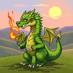 A pixel art style depiction of a green, furry dragon with human-like characteristics emitting flames