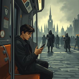 A tired young man named Garrett sits on a subway train, gazing wearily at his smartphone