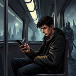 A tired young man named Garrett sits on a subway train, gazing wearily at his smartphone