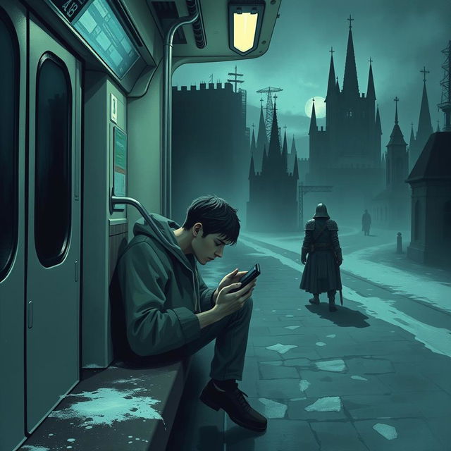 A tired young man named Garrett sits on a subway train, gazing wearily at his smartphone