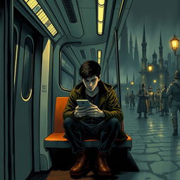 A tired young man named Garrett sits on a subway train, gazing wearily at his smartphone