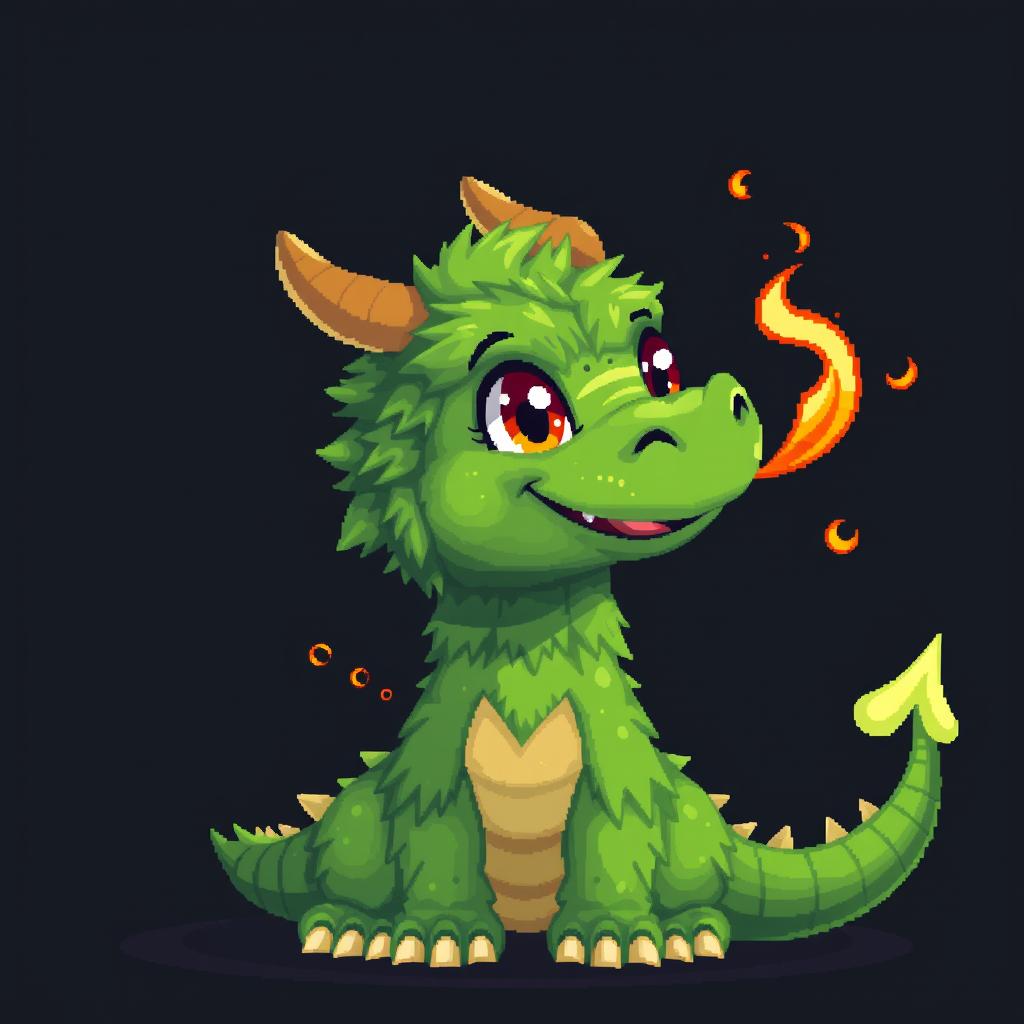 A pixel art depiction of a cute, green furry dragon with human-like features set against a dark background