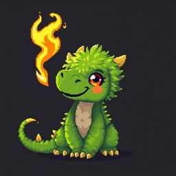 A pixel art depiction of a cute, green furry dragon with human-like features set against a dark background