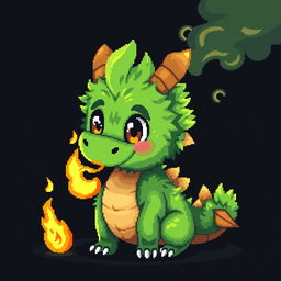 A pixel art depiction of a cute, green furry dragon with human-like features set against a dark background