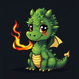 A pixel art depiction of a cute, green furry dragon with human-like features set against a dark background