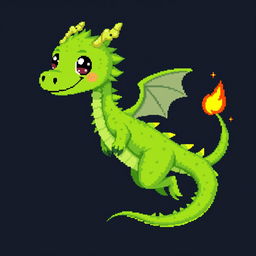 A pixel art style illustration of a cute, skinny green furry dragon with human-like features, set against a dark background