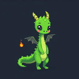 A pixel art style illustration of a cute, skinny green furry dragon with human-like features, set against a dark background