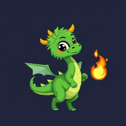 A pixel art style illustration of a cute, skinny green furry dragon with human-like features, set against a dark background