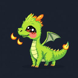 A colorful pixel art illustration of a cute, skinny green furry dragon with small wings, set against a dark background