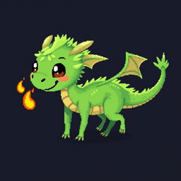 A colorful pixel art illustration of a cute, skinny green furry dragon with small wings, set against a dark background