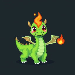 A colorful pixel art illustration of a cute, skinny green furry dragon with small wings, set against a dark background