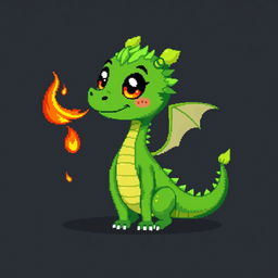 A colorful pixel art illustration of a cute, skinny green furry dragon with small wings, set against a dark background