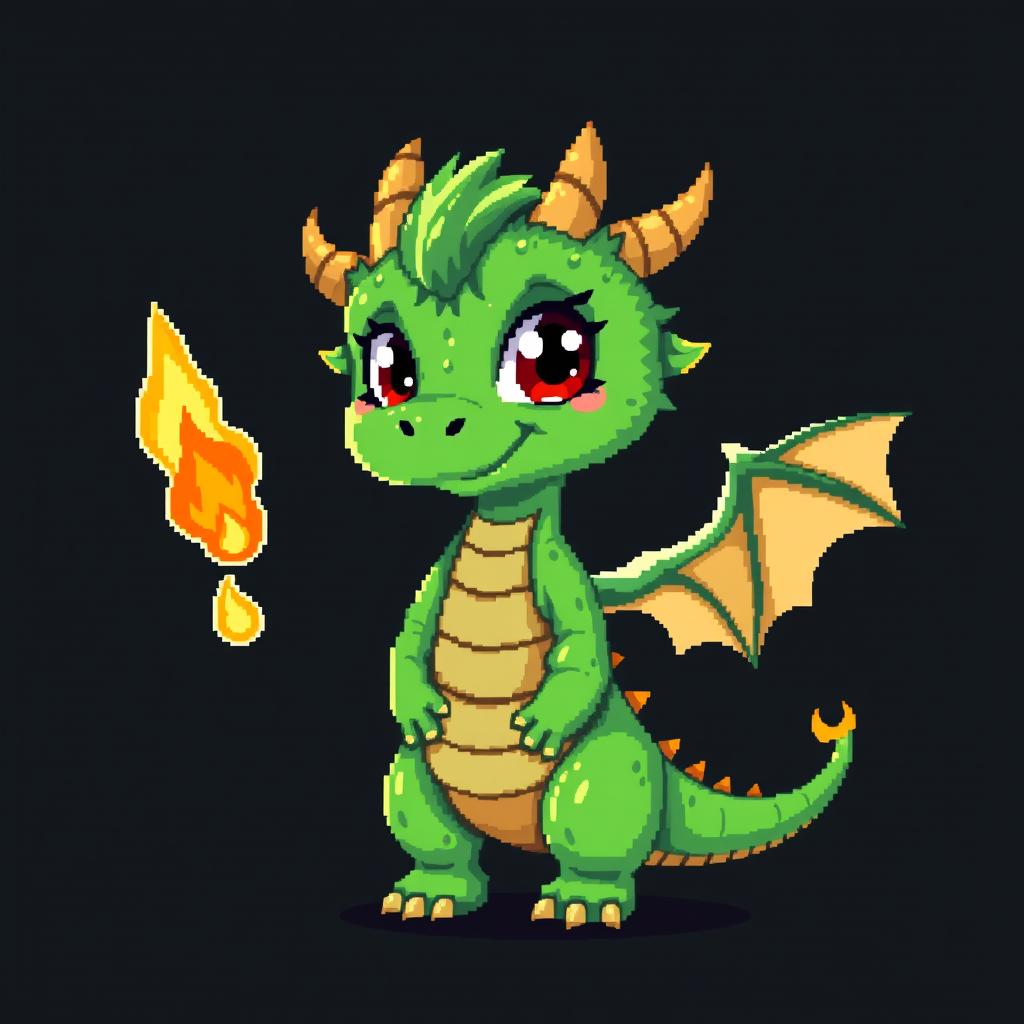 A pixel art illustration of a cute, skinny green furry dragon resembling a young boy, complete with small wings, set against a dark background