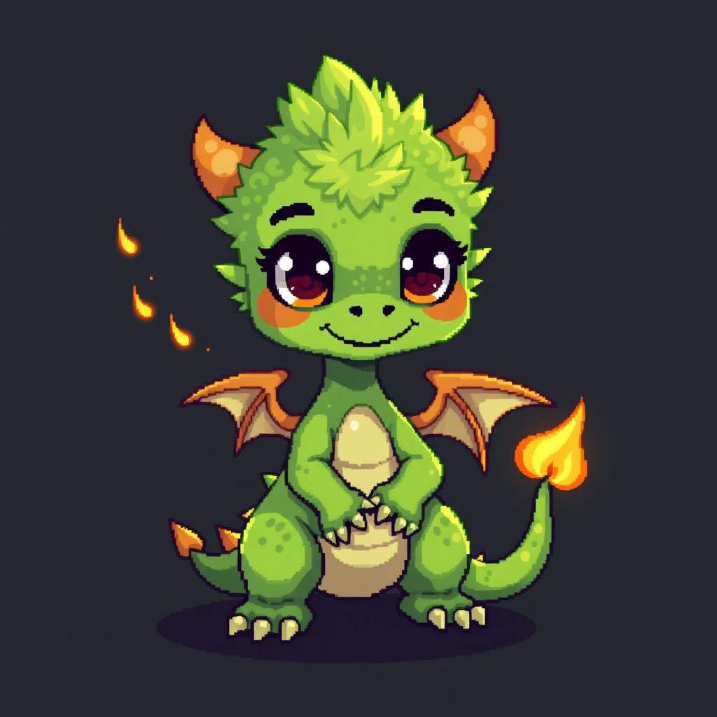 A pixel art illustration of a cute, skinny green furry dragon resembling a young boy, complete with small wings, set against a dark background