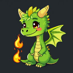 A pixel art illustration of a cute, skinny green furry dragon resembling a young boy, complete with small wings, set against a dark background