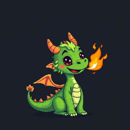 A pixel art illustration of a cute, skinny green furry dragon resembling a young boy, complete with small wings, set against a dark background