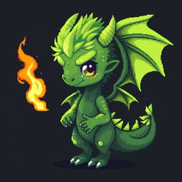 A pixel art depiction of a cute, skinny green boy transformed into a furry dracktyre, a dragon-like creature, set against a dark background