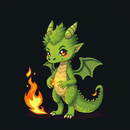 A pixel art depiction of a cute, skinny green boy transformed into a furry dracktyre, a dragon-like creature, set against a dark background