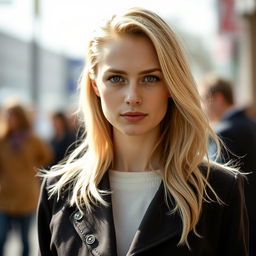 A 25-year-old woman with Slavic features, standing in front view, she has blonde hair and is wearing stylish clothing