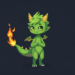 A pixel art depiction of a cute, skinny green boy transformed into a furry dracktyre, a dragon-like creature, set against a dark background