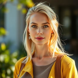 A 25-year-old woman with Slavic features, standing in front view, she has blonde hair and is wearing stylish clothing