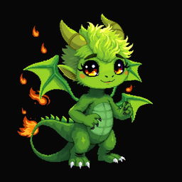 A pixel art depiction of a cute, skinny green boy transformed into a furry dracktyre, a dragon-like creature, set against a dark background