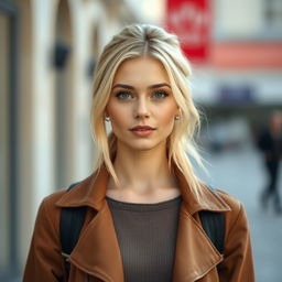 A 25-year-old woman with Slavic features, standing in front view, she has blonde hair and is wearing stylish clothing