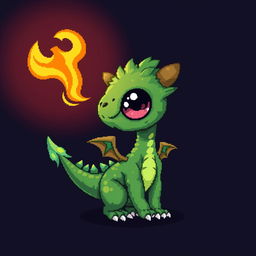 A vibrant pixel art depiction of a cute, skinny green dracktyre, a furry dragon creature, set against a dark background