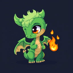 A vibrant pixel art depiction of a cute, skinny green dracktyre, a furry dragon creature, set against a dark background