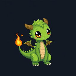 A vibrant pixel art depiction of a cute, skinny green dracktyre, a furry dragon creature, set against a dark background