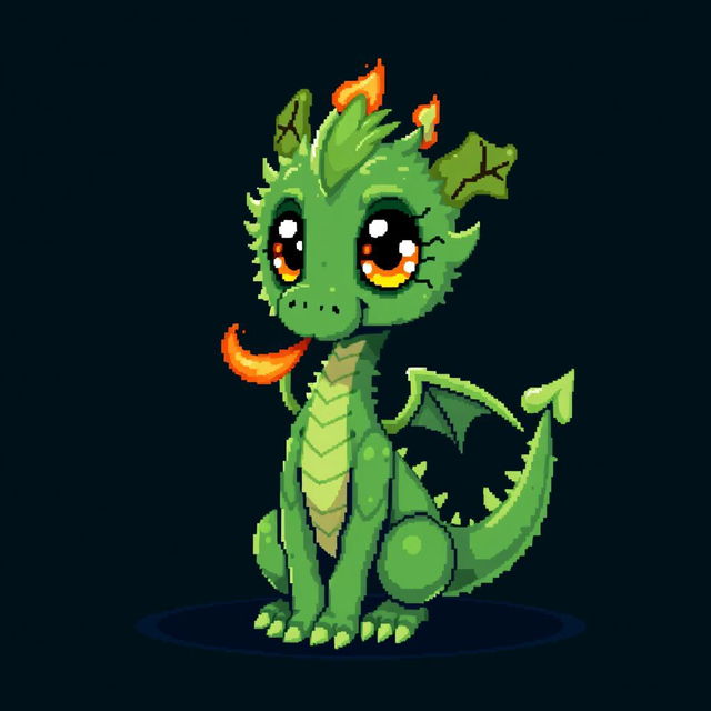 A vibrant pixel art depiction of a cute, skinny green dracktyre, a furry dragon creature, set against a dark background