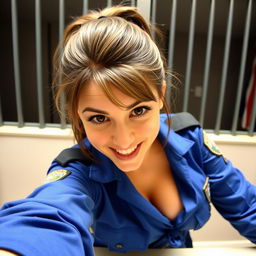 A selfie view of Kira Kosarin styled as a police officer, featuring her leaning over a counter with a playful, bratty smile