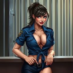 A depiction of a sexy female police officer in a blue uniform shirt tied in the front, showcasing her cleavage