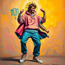 A Renaissance-style painting depicting Apollo, the Greek god of music and arts, wearing modern streetwear and dancing hip hop