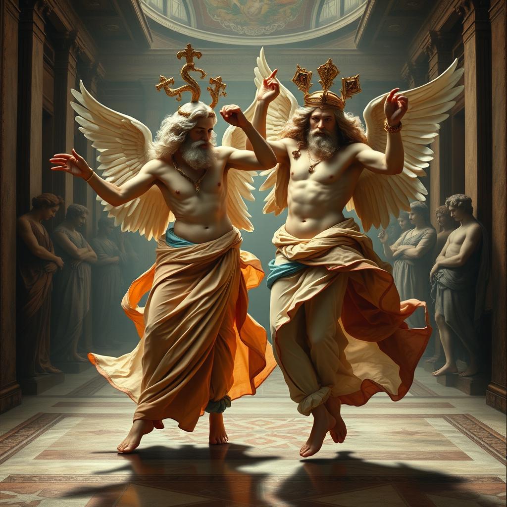 Two divine figures dancing energetically in a hip hop style, captured in the rich detail of a classic Da Vinci painting