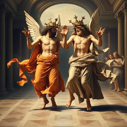 Two divine figures dancing energetically in a hip hop style, captured in the rich detail of a classic Da Vinci painting