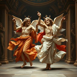 Two divine figures dancing energetically in a hip hop style, captured in the rich detail of a classic Da Vinci painting