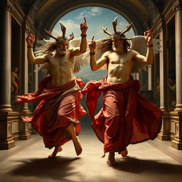 Two divine figures dancing energetically in a hip hop style, captured in the rich detail of a classic Da Vinci painting