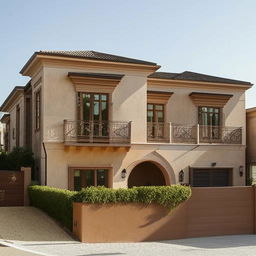 A 20 marla Italian-style house, characterized by terracotta roofs, stucco walls in earth tones, arches, and wrought-iron accents.