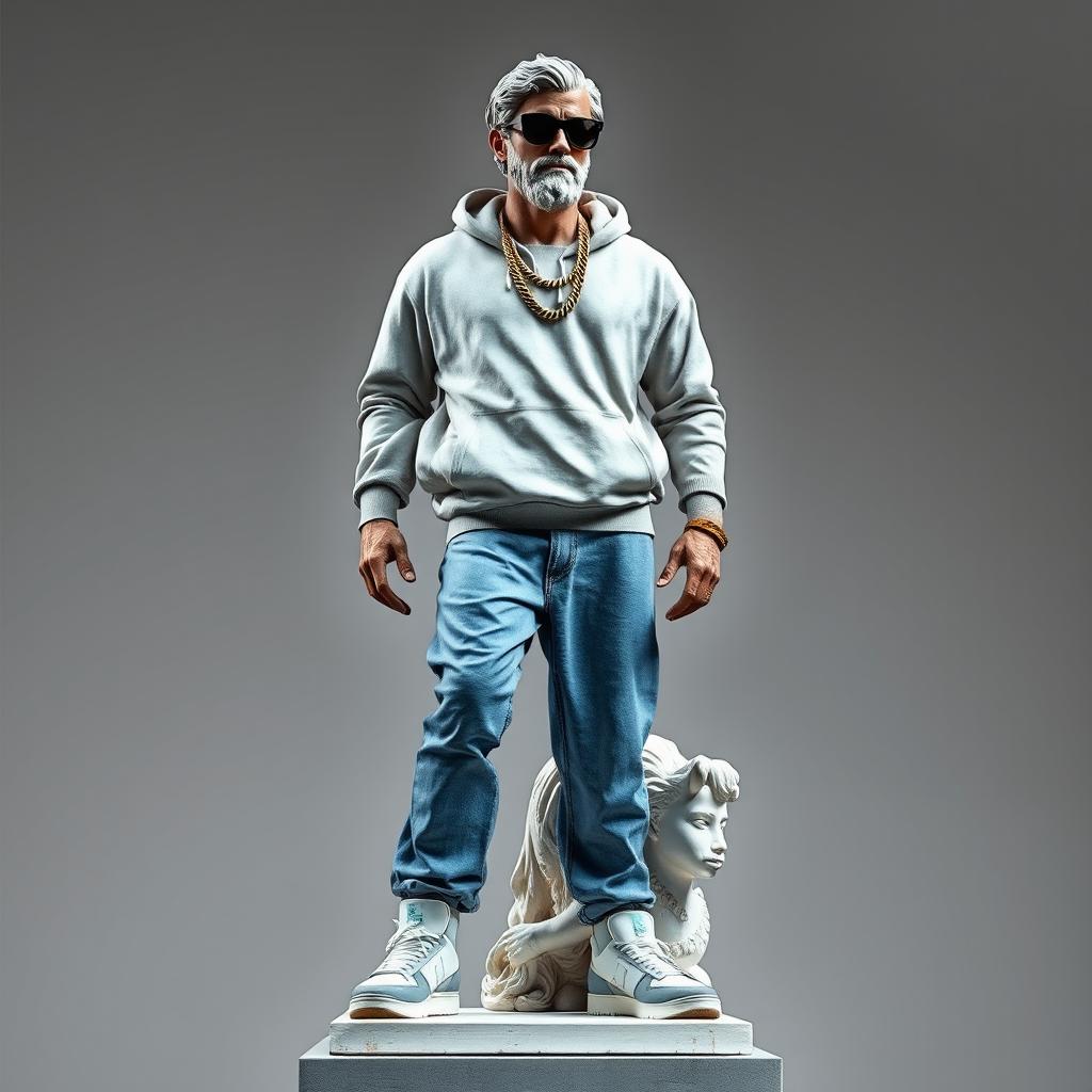 A full view of a Greek statue stylized as a modern rapper