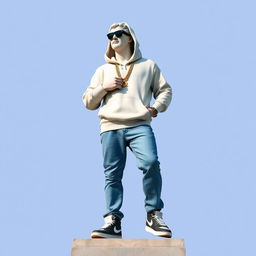 A full view of a Greek statue stylized as a modern rapper