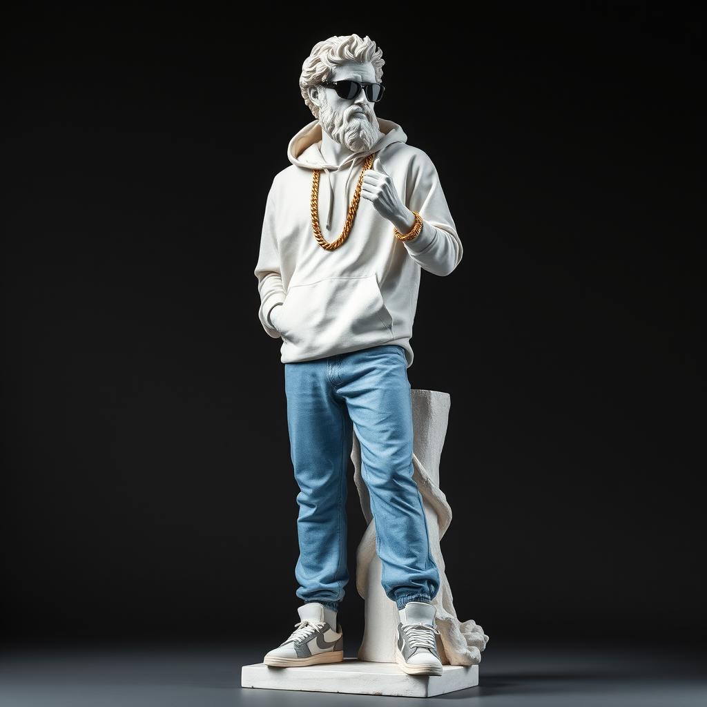 A full view of a Greek statue stylized as a modern rapper