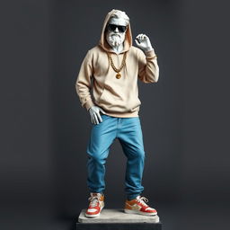 A full view of a Greek statue stylized as a modern rapper