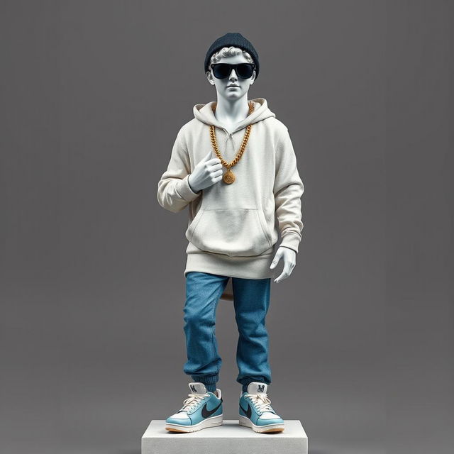 A full view of a young Greek statue designed as a modern rapper