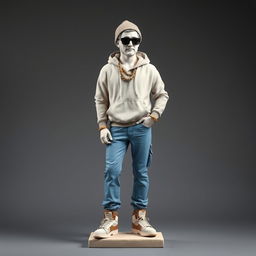 A full view of a young Greek statue designed as a modern rapper