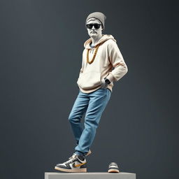 A full view of a young Greek statue designed as a modern rapper