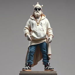 A full view of a Greek statue representing a god, creatively styled as a modern rapper