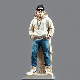 A full view of a Greek statue representing a god, creatively styled as a modern rapper